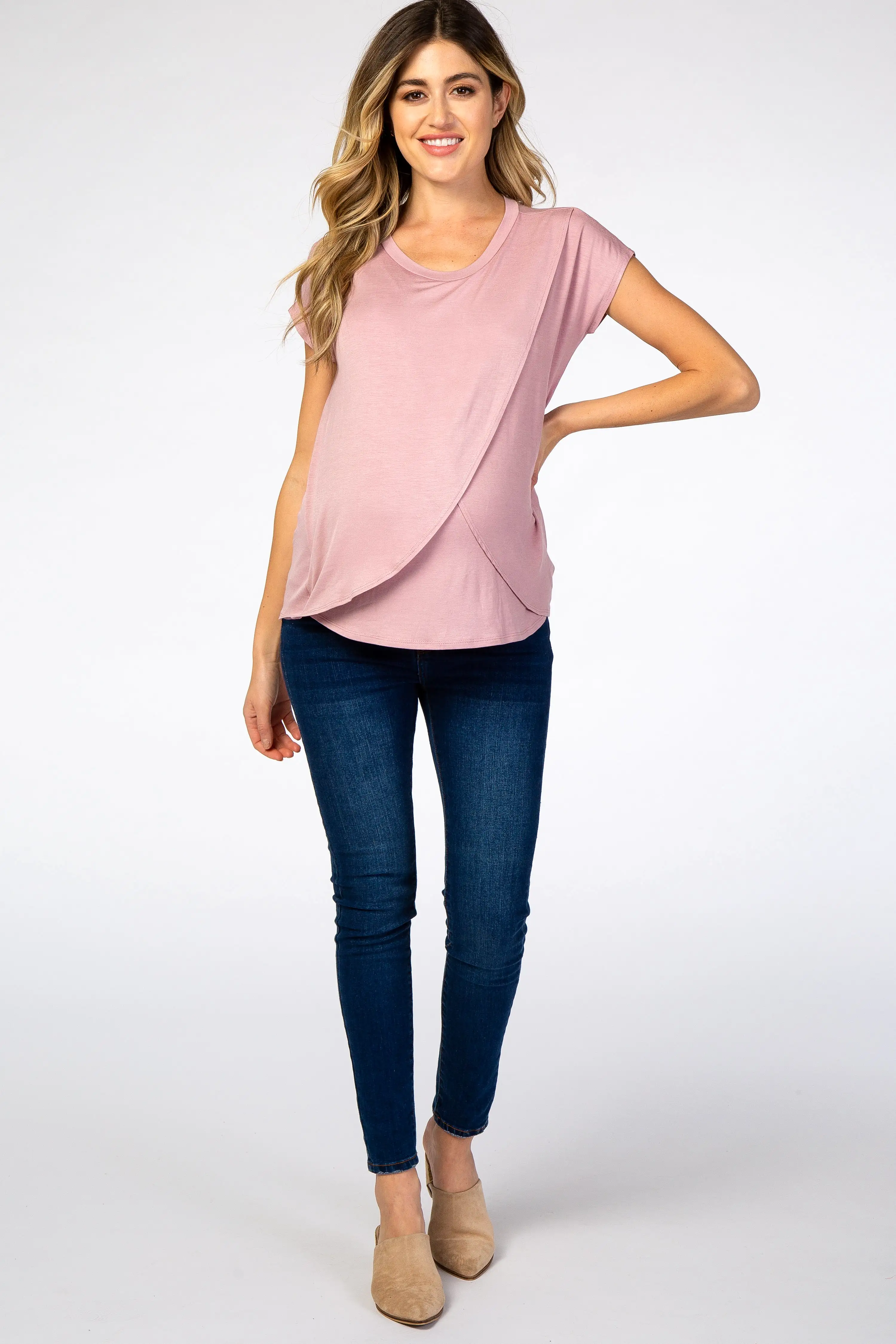 PinkBlush Light Pink Layered Wrap Front Maternity Nursing Top