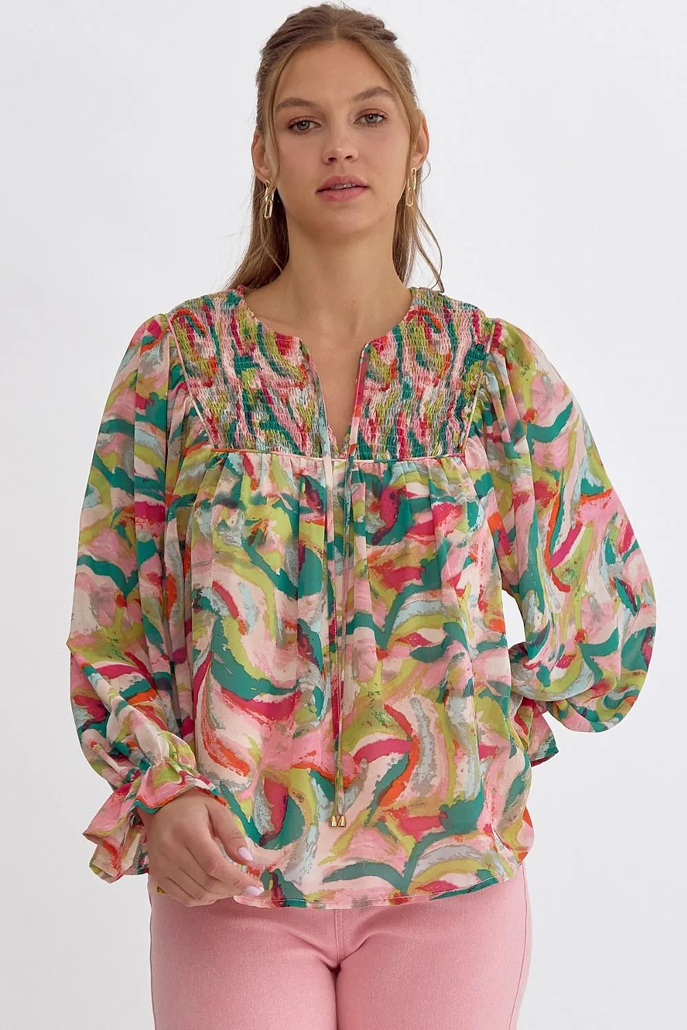 Printed V-Neck Long Sleeve Self Tie Top