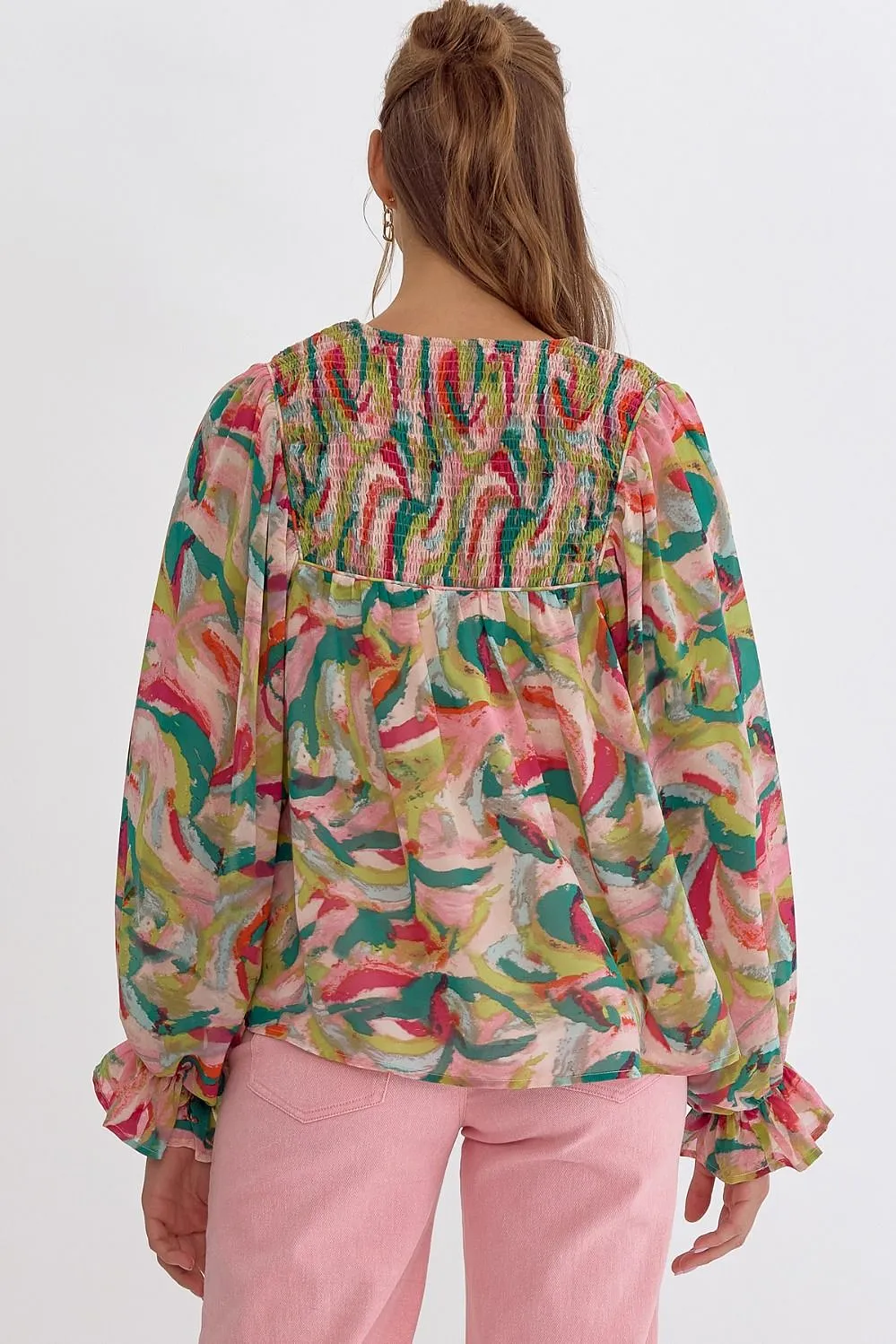 Printed V-Neck Long Sleeve Self Tie Top