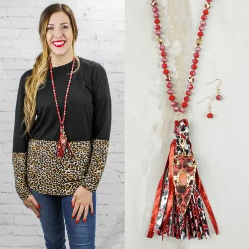 Red Beaded Necklace with Arrow Head & Tassel