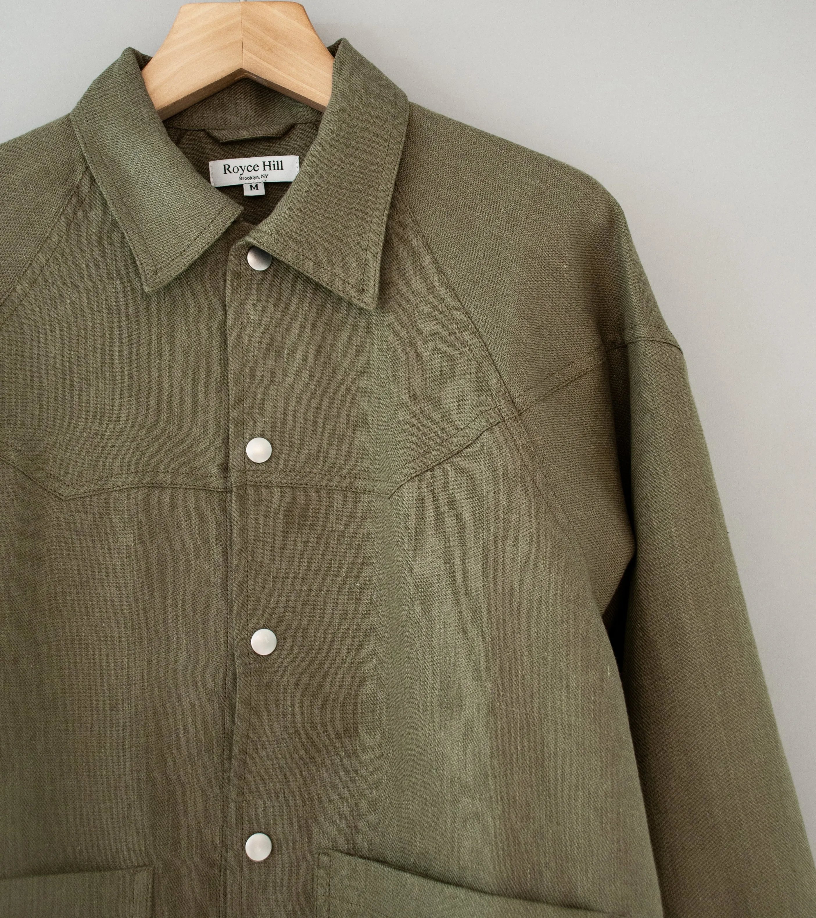 Royce Hill ‘Paneled Snap Jacket’ (Army Green Linen Twill)