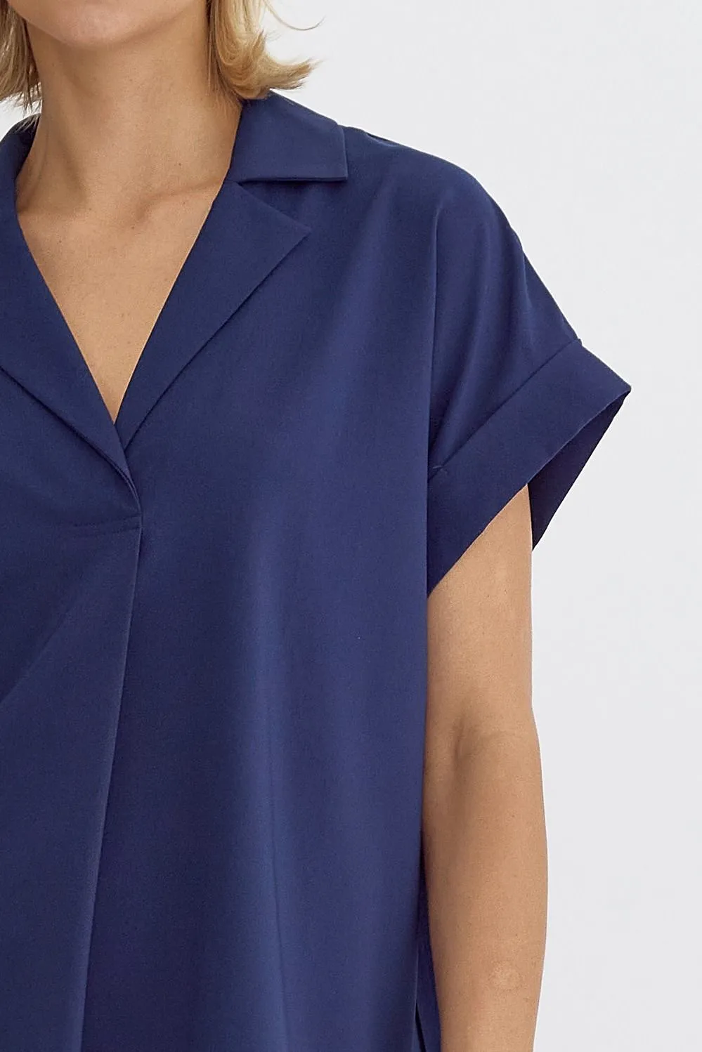 Solid V-Neck Short Sleeve Collared Back Pleat Detail Top