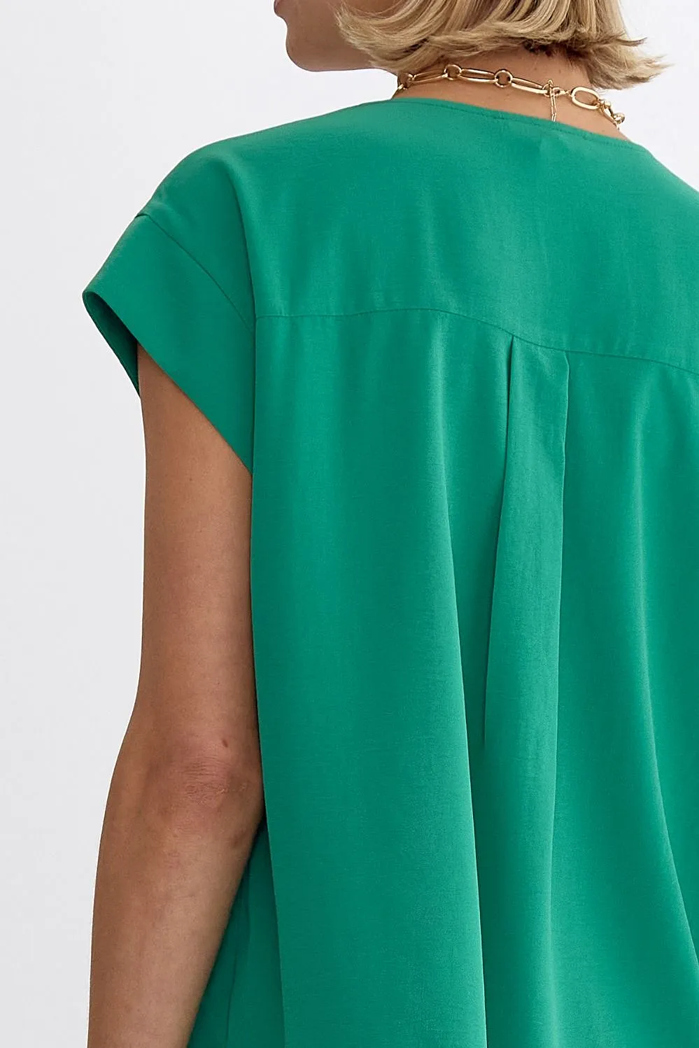 Solid V-neck Short Sleeve Placket Detail Top