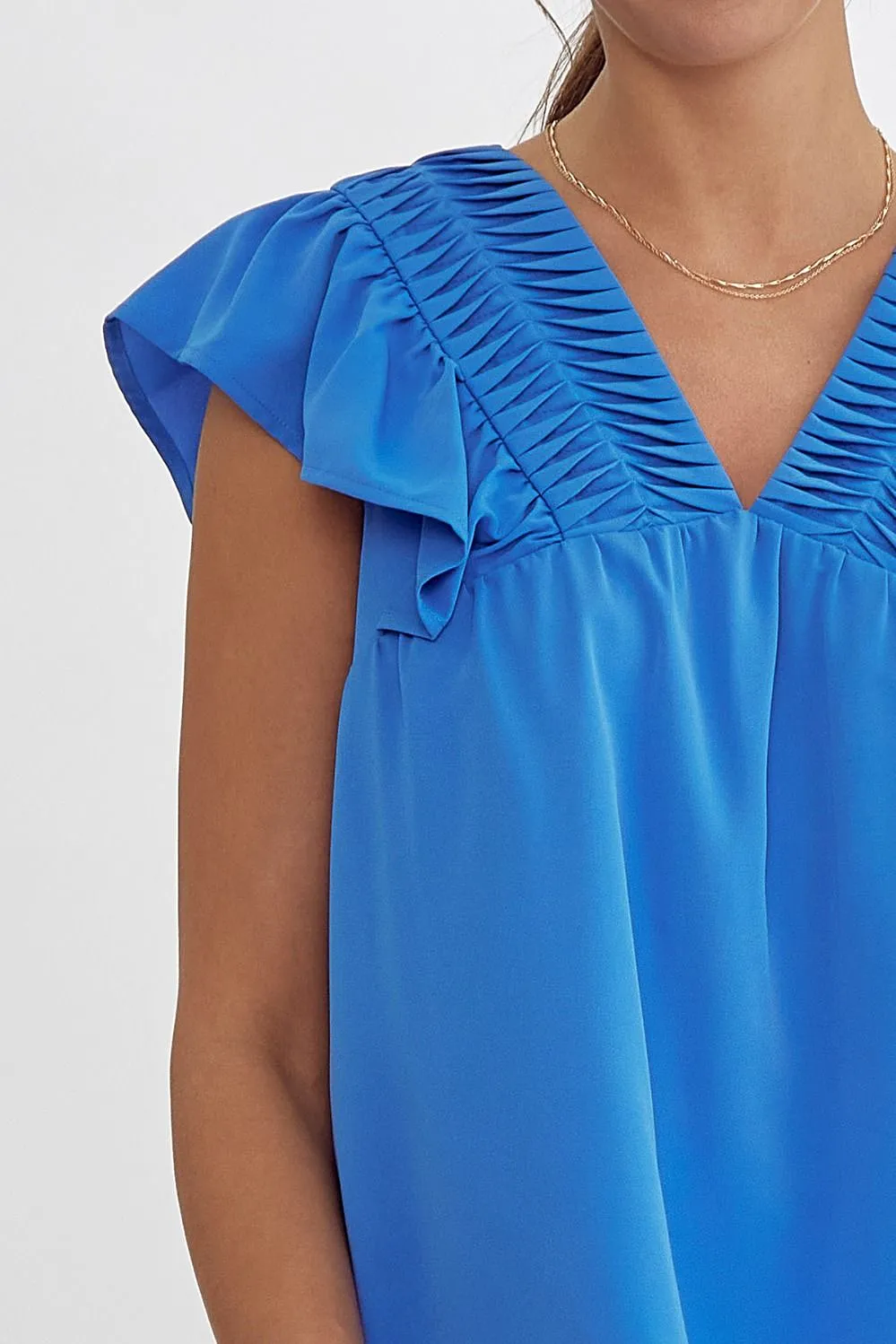 Solid V-Neck Sleeveless Ruffle Detail Top