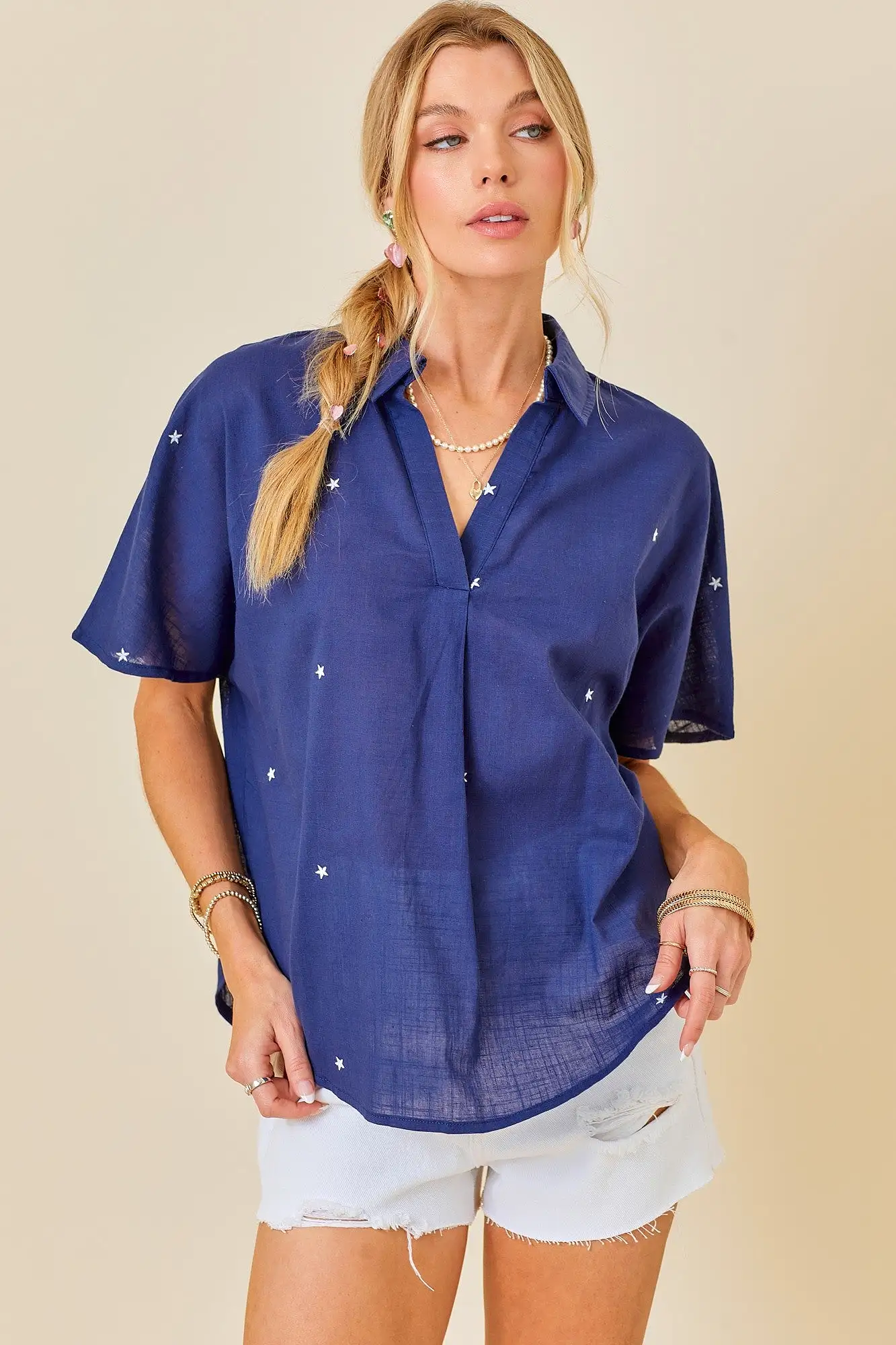 Star Embroidered V-Neck Easy Blouse