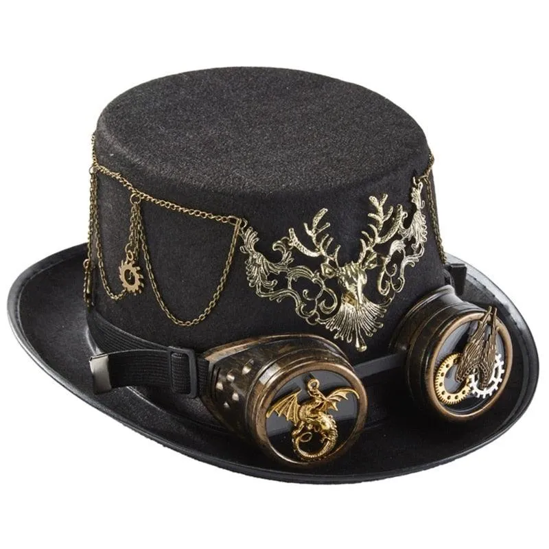 Steampunk Top Hat - Victorian Style with Gear Chain, Goggles, and Deer Head