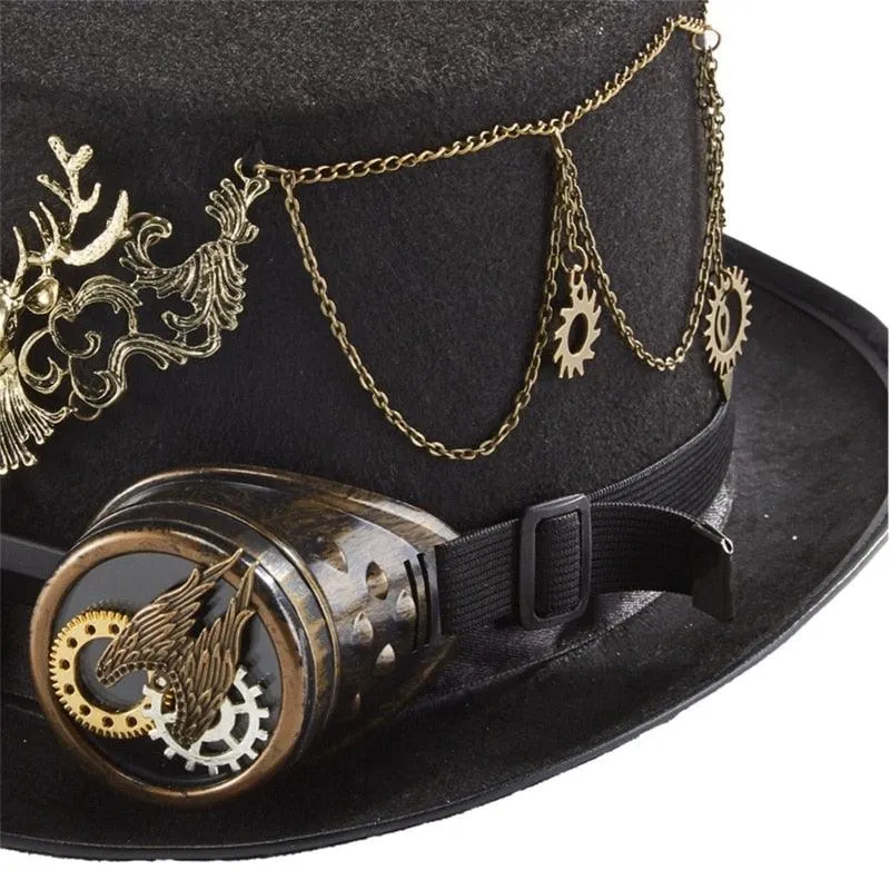 Steampunk Top Hat - Victorian Style with Gear Chain, Goggles, and Deer Head