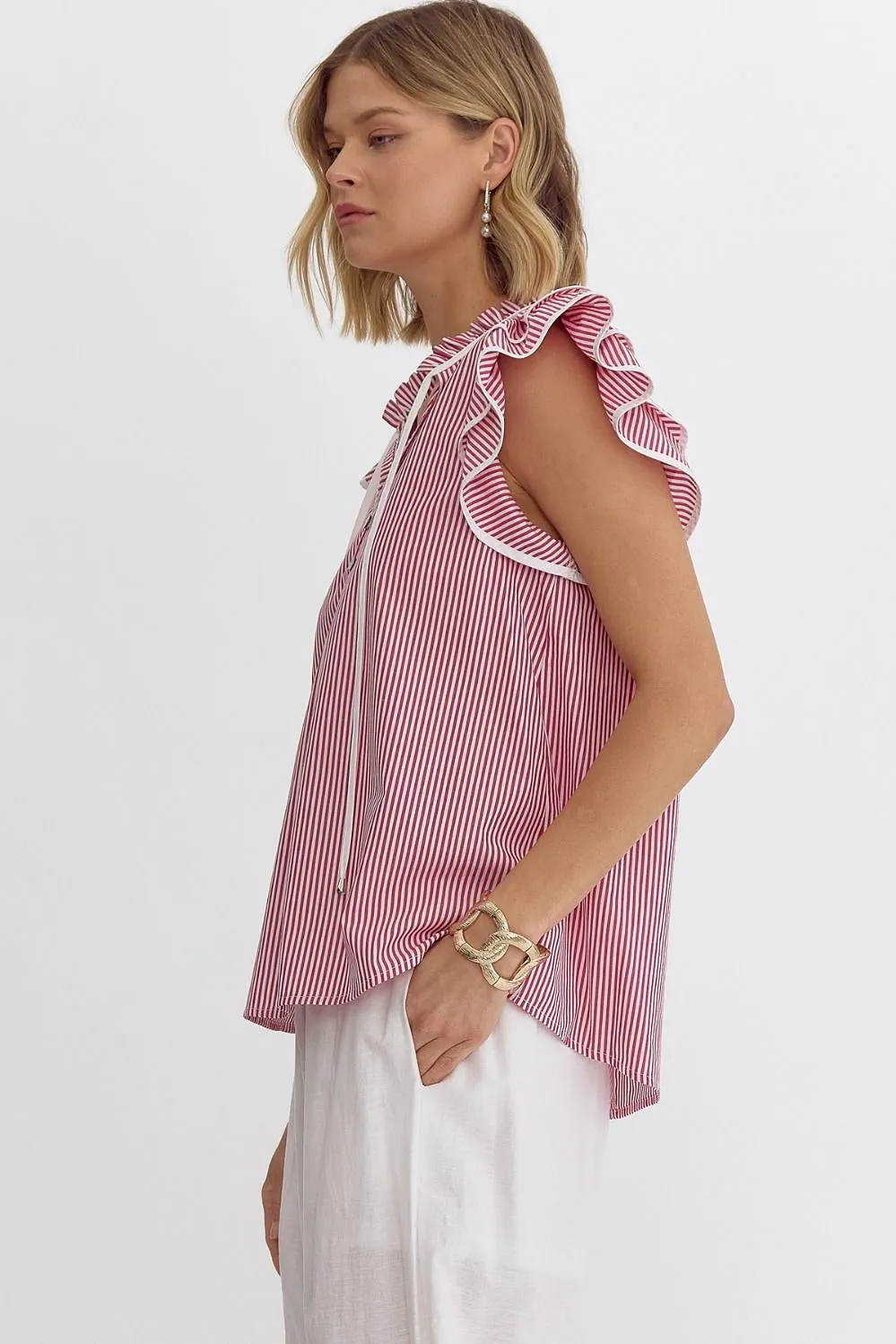 Striped Sleeves V-Neck Ruffled Neck and Sleeve