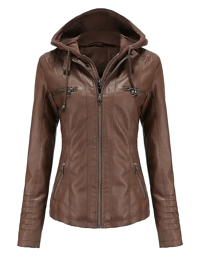 Stylish Windproof Faux Leather Moto Biker Hoodie Jacket for Women