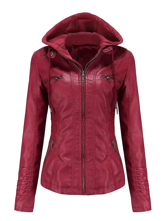 Stylish Windproof Faux Leather Moto Biker Hoodie Jacket for Women