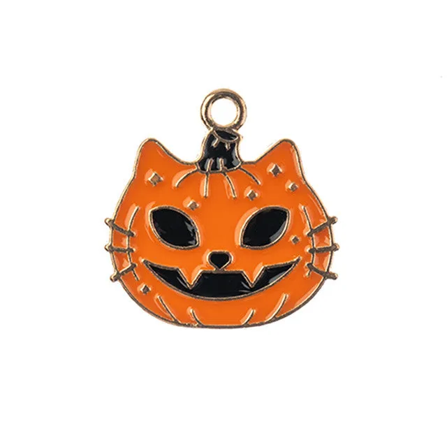 Sweet and Petite Enamel Charms, Orange Pumpkin with Cat Face 20mm (1 Piece)