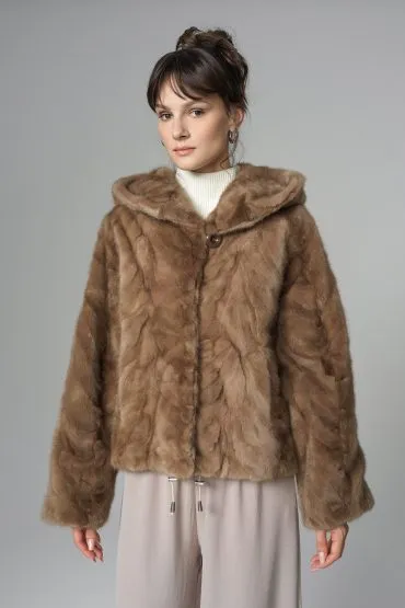 Taupe Hooded Nutria Mink Fur Coat