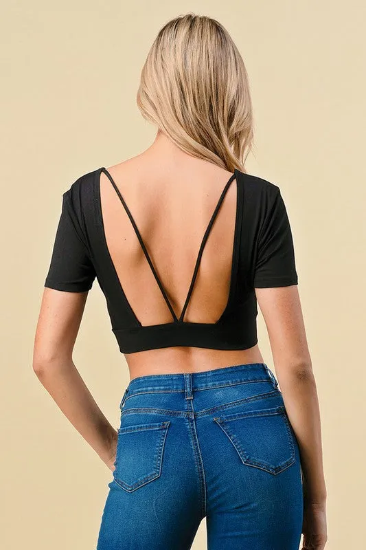 V-Neck Crop W/V-Strapped Open Back Top