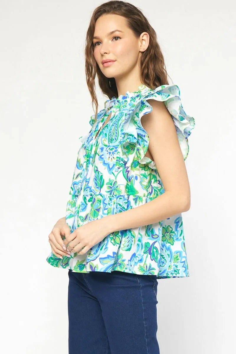 V-Neck Self Tie Ruffle Sleeve Top