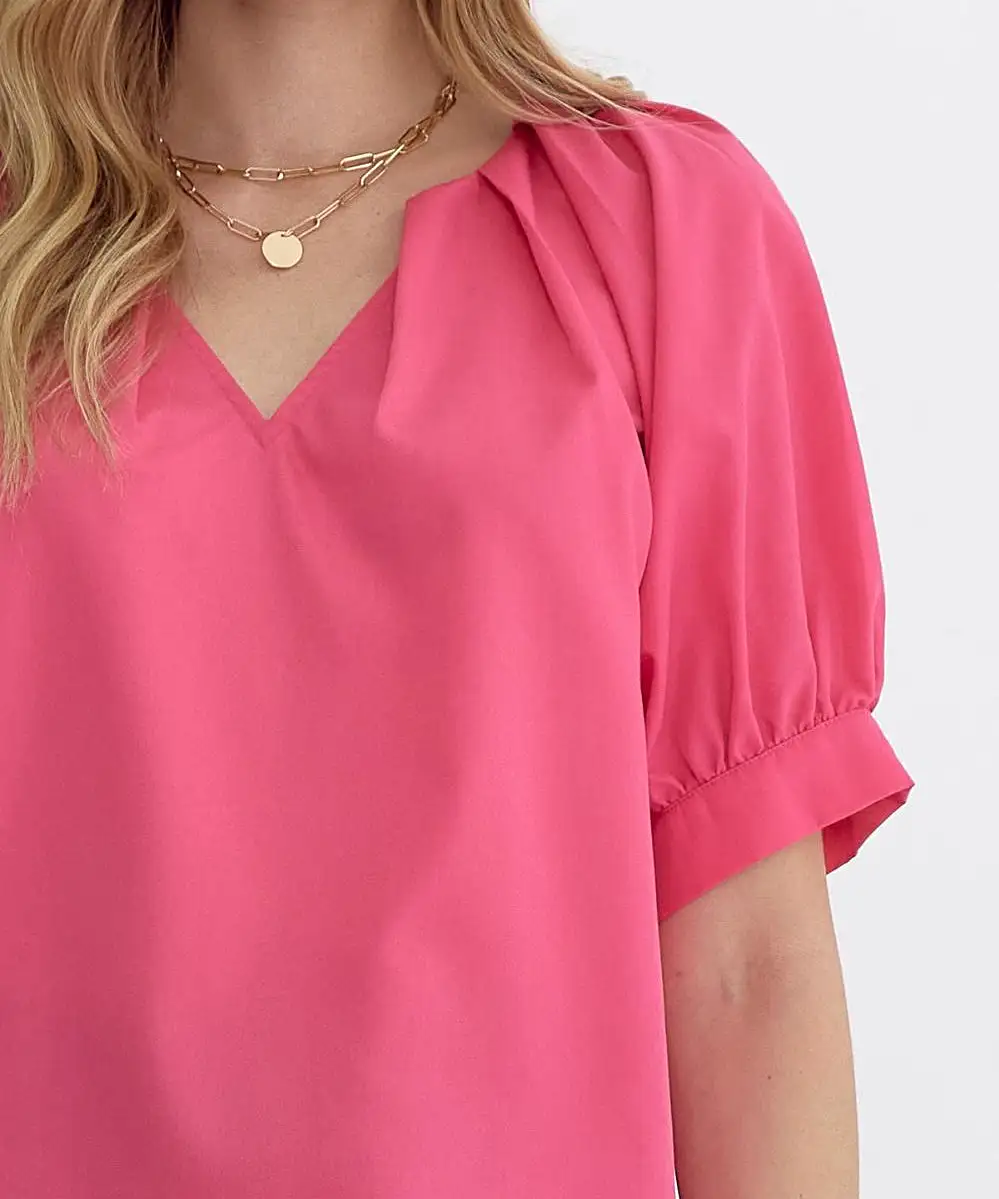 V-Neck Top with Pleat Detail - Pink OR Green