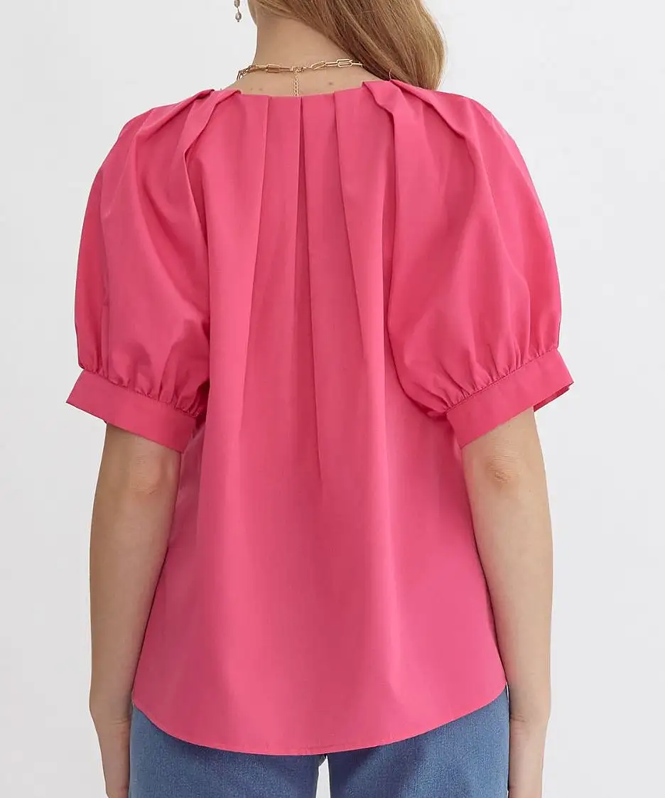 V-Neck Top with Pleat Detail - Pink OR Green