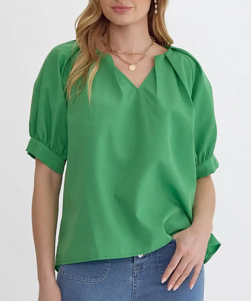 V-Neck Top with Pleat Detail - Pink OR Green