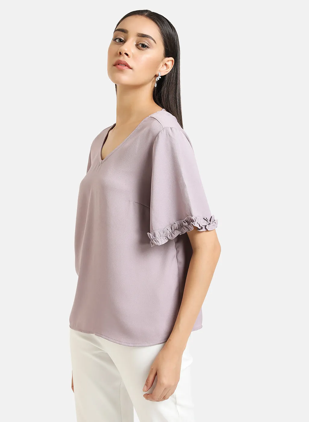 V Neck Top With Ruffle Detail