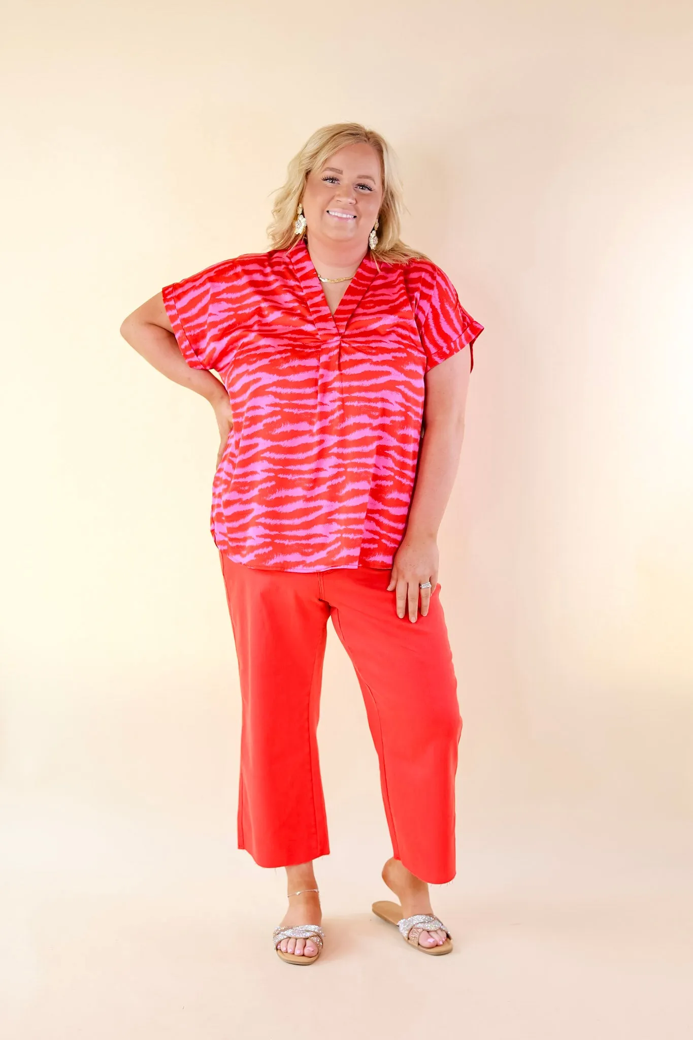 Vibrant Vibes Zebra Print V Neck Top with Short Sleeves in Red and Pink