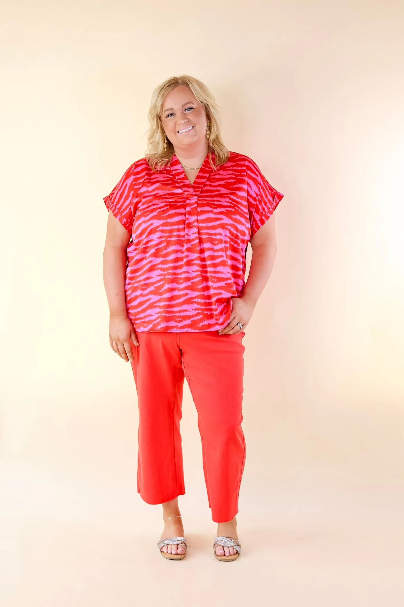 Vibrant Vibes Zebra Print V Neck Top with Short Sleeves in Red and Pink