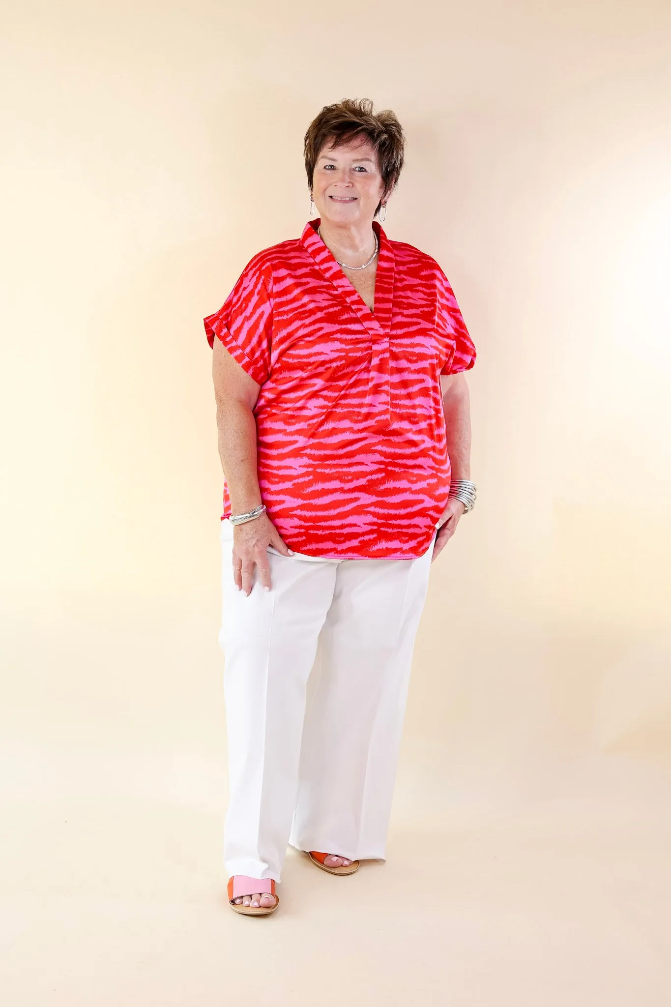 Vibrant Vibes Zebra Print V Neck Top with Short Sleeves in Red and Pink