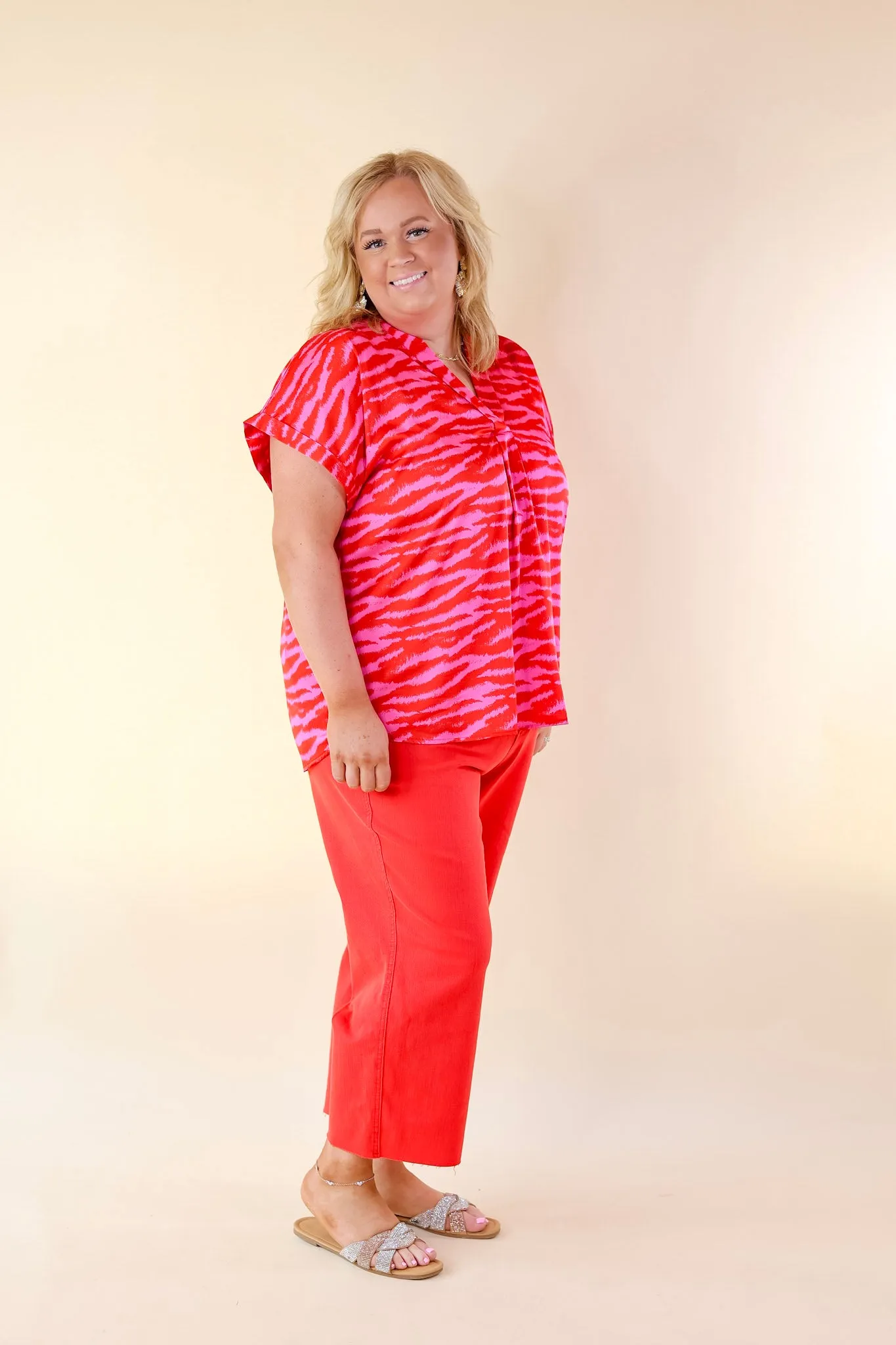 Vibrant Vibes Zebra Print V Neck Top with Short Sleeves in Red and Pink